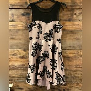 THREE PINK HEARTS XL Mauve & Black Floral Knit Dress with Black Mesh High Low
